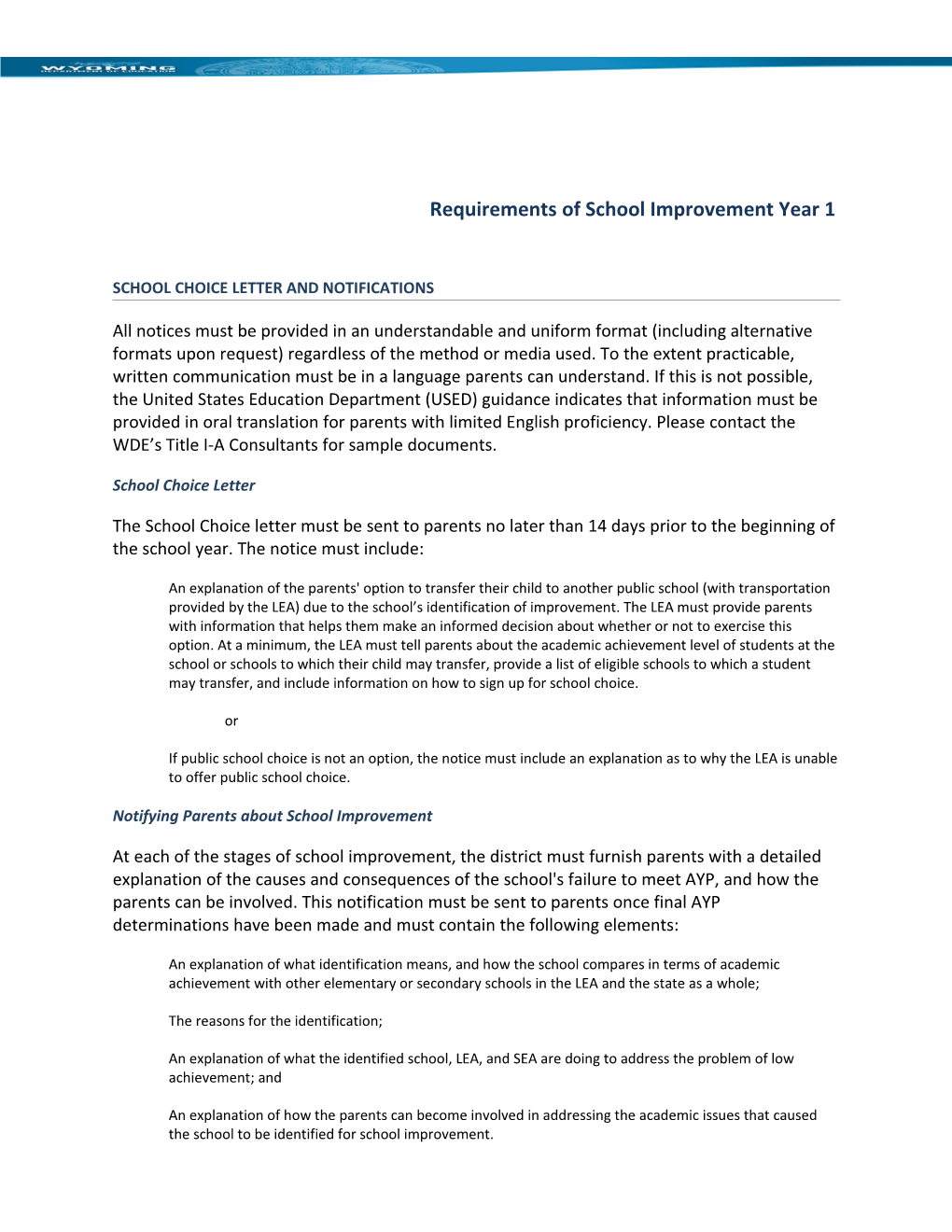 Requirements of School Improvement Year 1