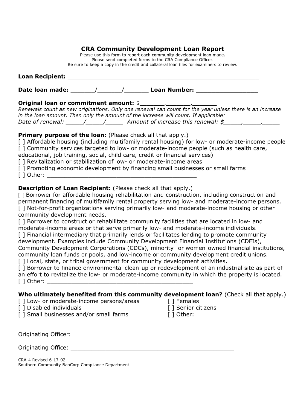 Cra Community Development Loan Report