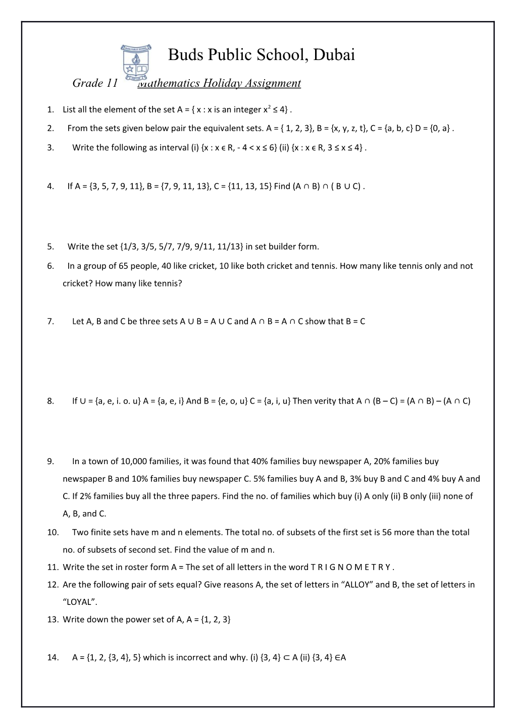 Grade 11 Mathematics Holiday Assignment