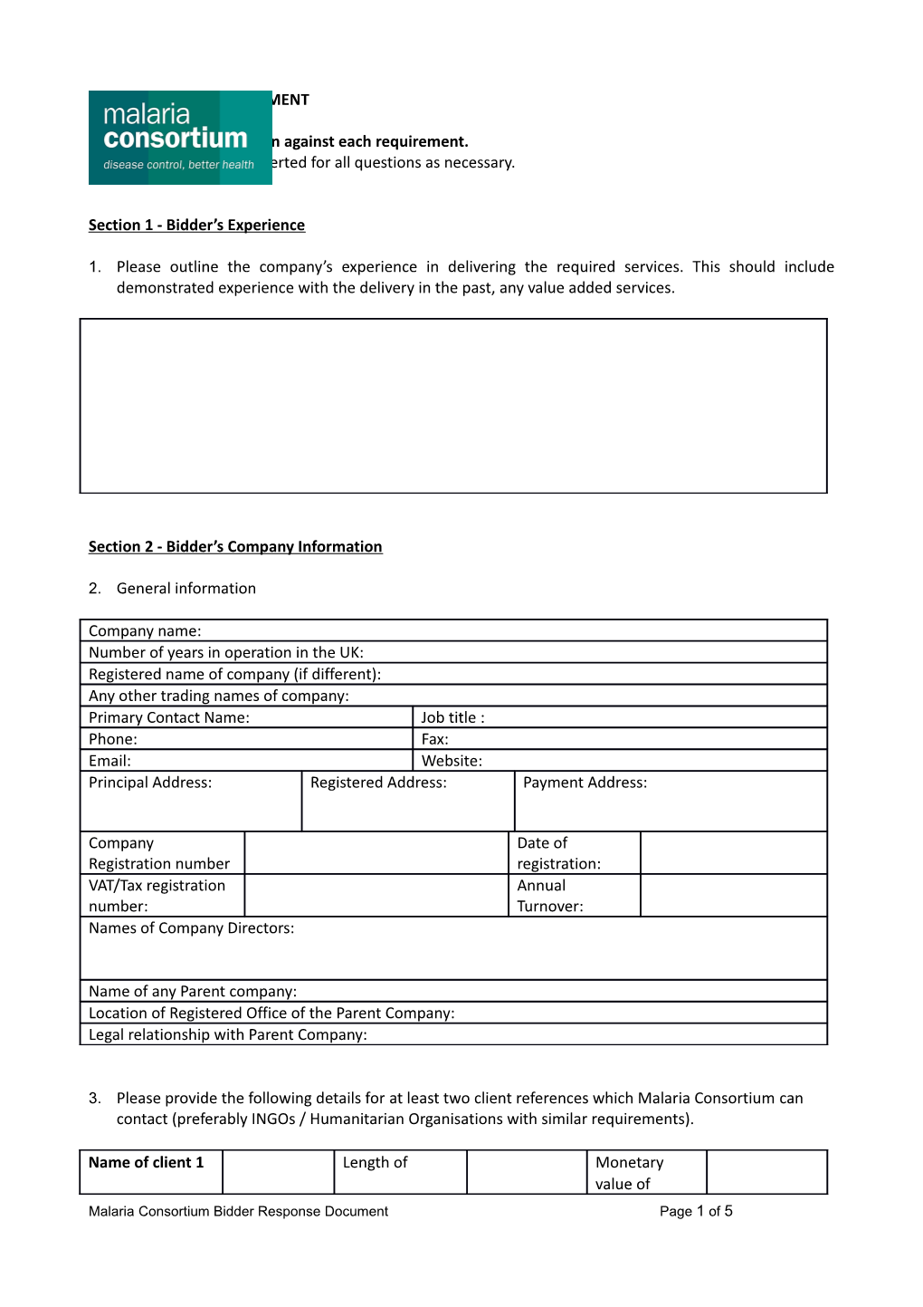 RFP Bidder Response Document Sample