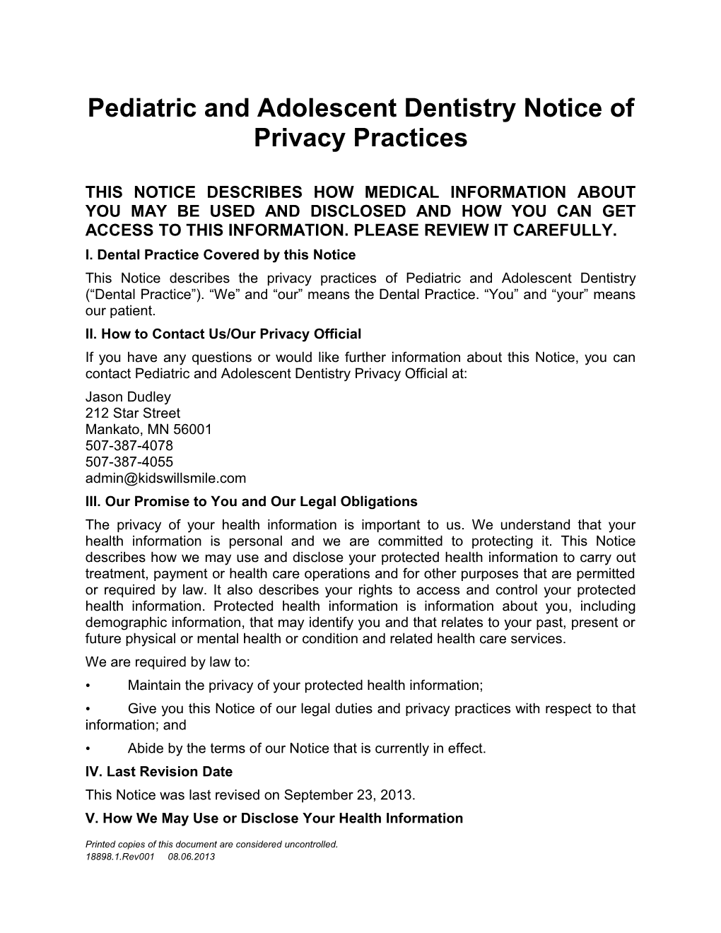 Pediatric and Adolescent Dentistry Notice of Privacy Practices