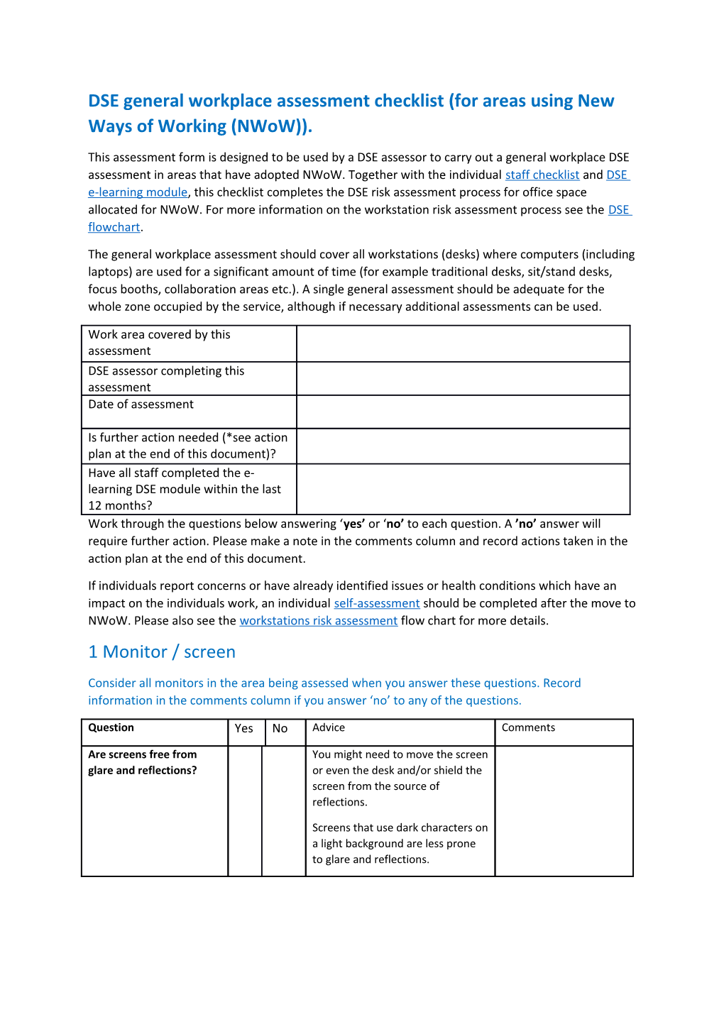 DSE General Workplace Assessment Checklist (For Areas Using New Ways of Working (Nwow))