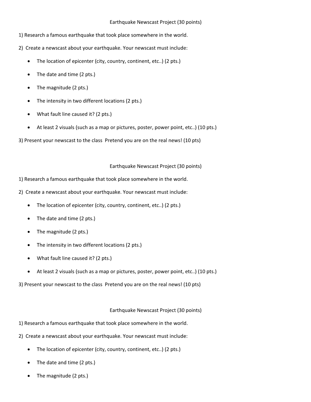 Earthquake Newscast Project (30 Points)