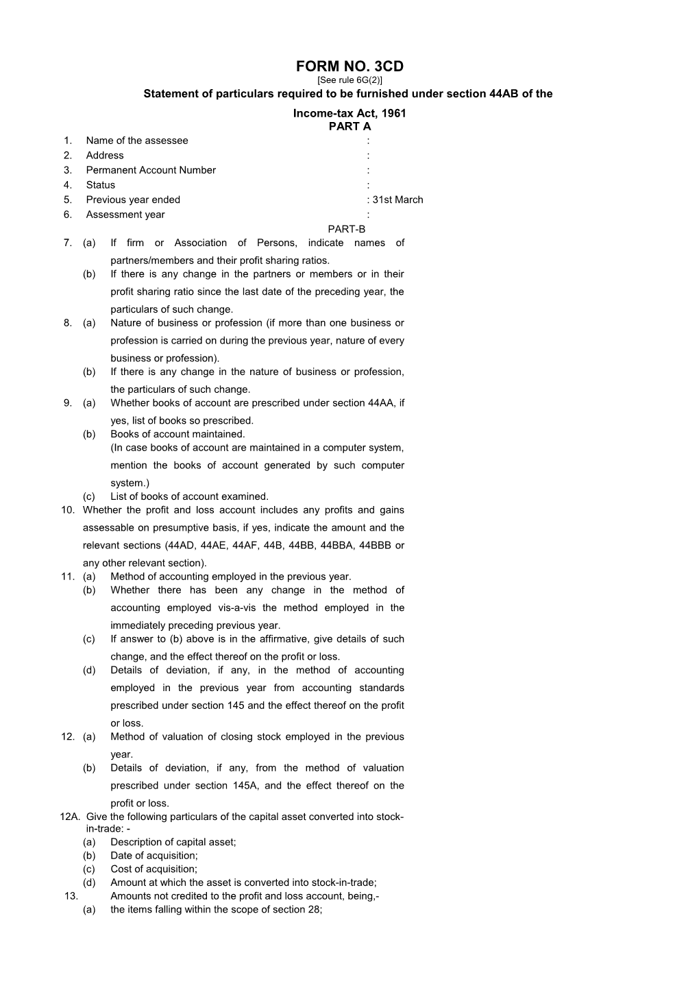 Statement of Particulars Required to Be Furnished Under Section 44AB of The