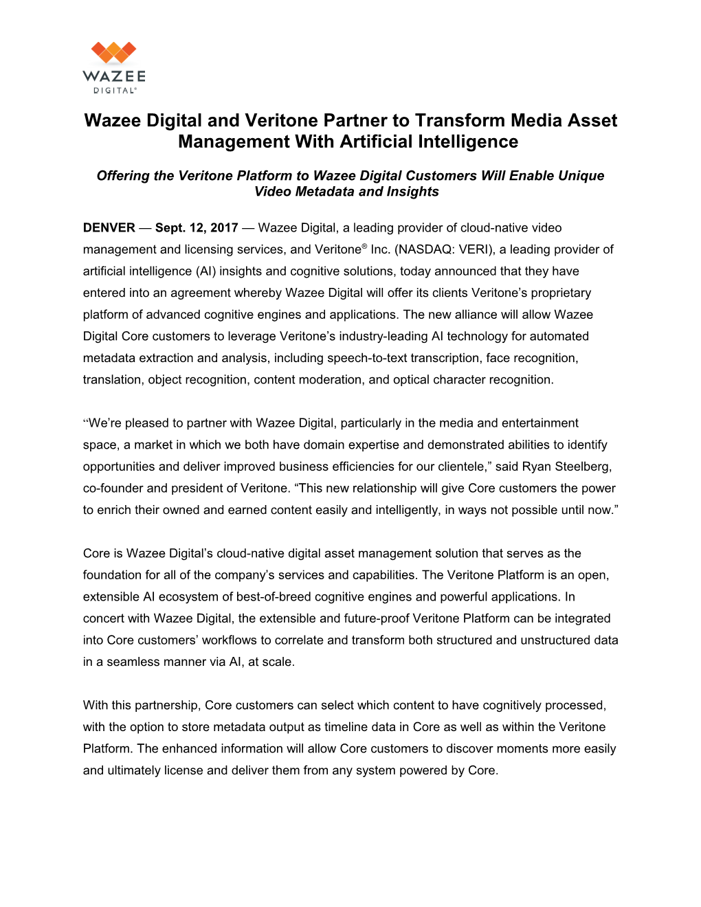 Wazee Digital and Veritone Partner to Transform Media Asset Management Withartificial
