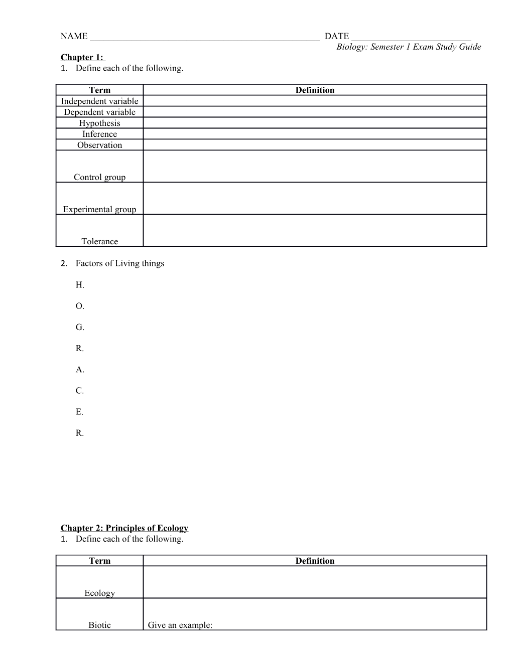 Biology: Semester 1 Exam Study Guide