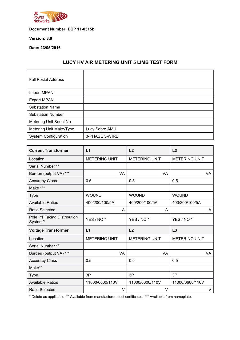 ECP 11-0515B Lucy HV Air Metering Unit 5 Limb Test Form