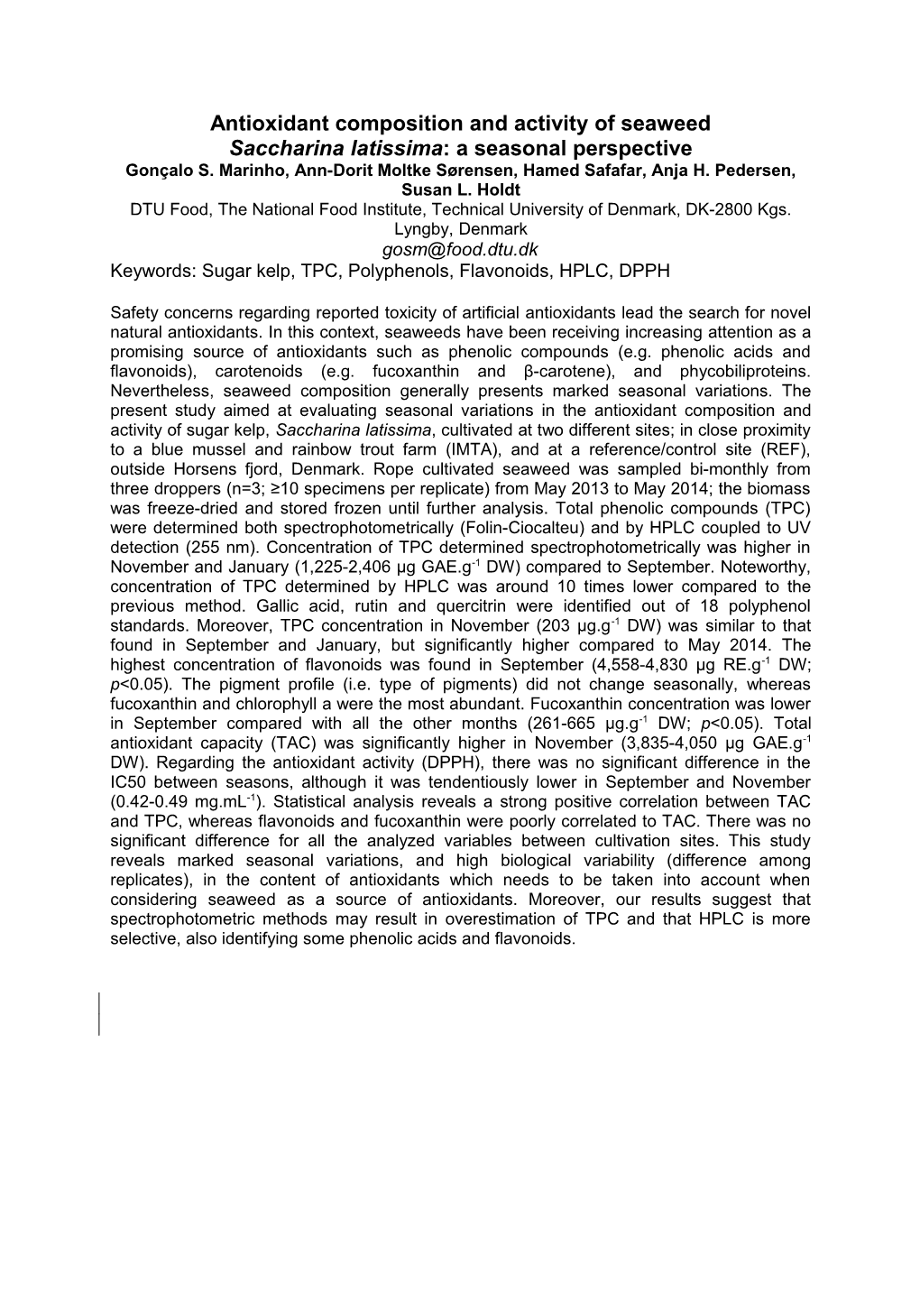 Antioxidant Composition and Activity of Seaweed Saccharinalatissima: a Seasonal Perspective