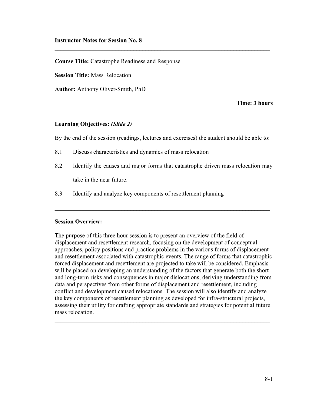 Course Title: Catastrophe Readiness and Response s1