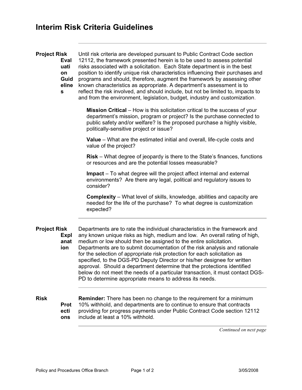 Interim Risk Criteria Guidelines