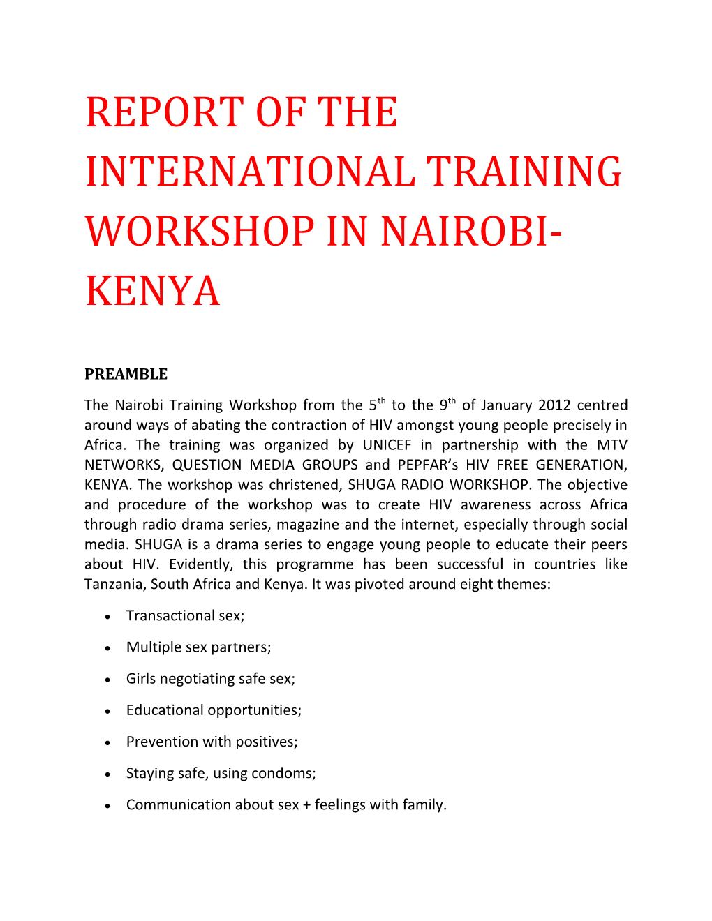 Report of the International Training Workshop in Nairobi-Kenya