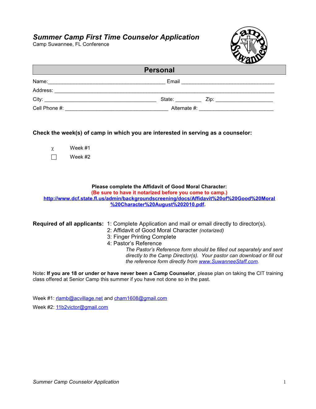 Summer Camp Worker Application