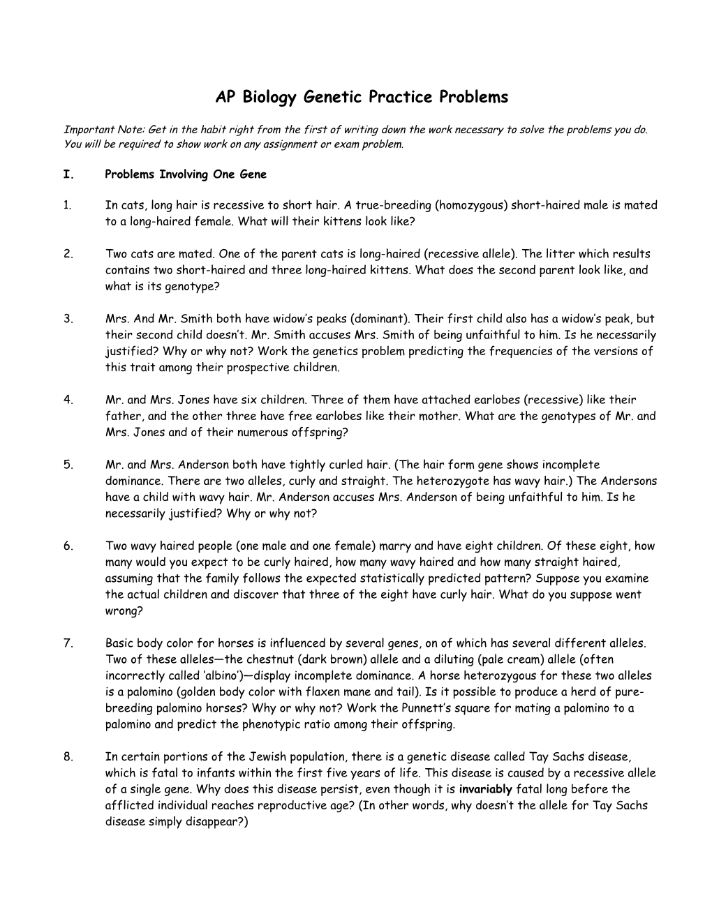 Problems in Mendelian Genetics