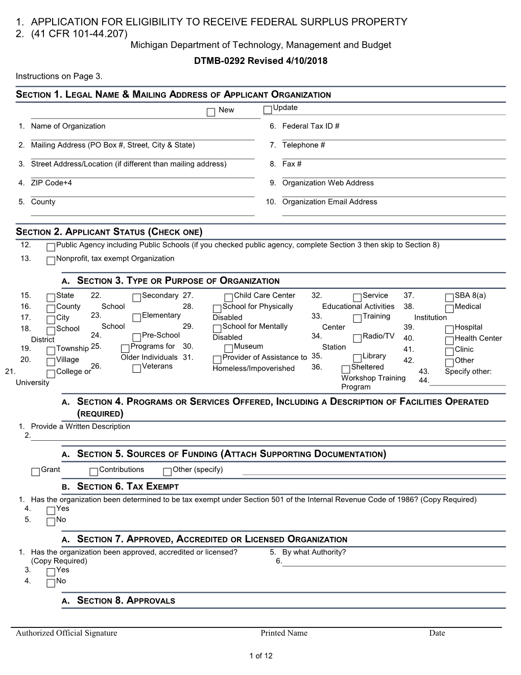 DTMB-0292 Application for Eligibility to Receive Federal Surplus Property