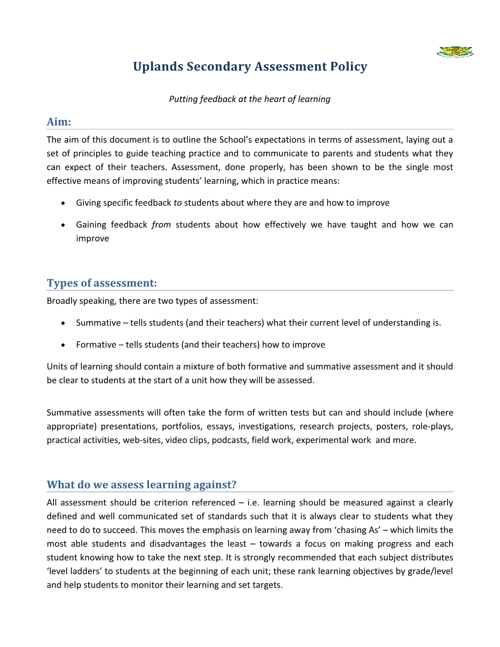 Uplands Secondary Assessment Policy