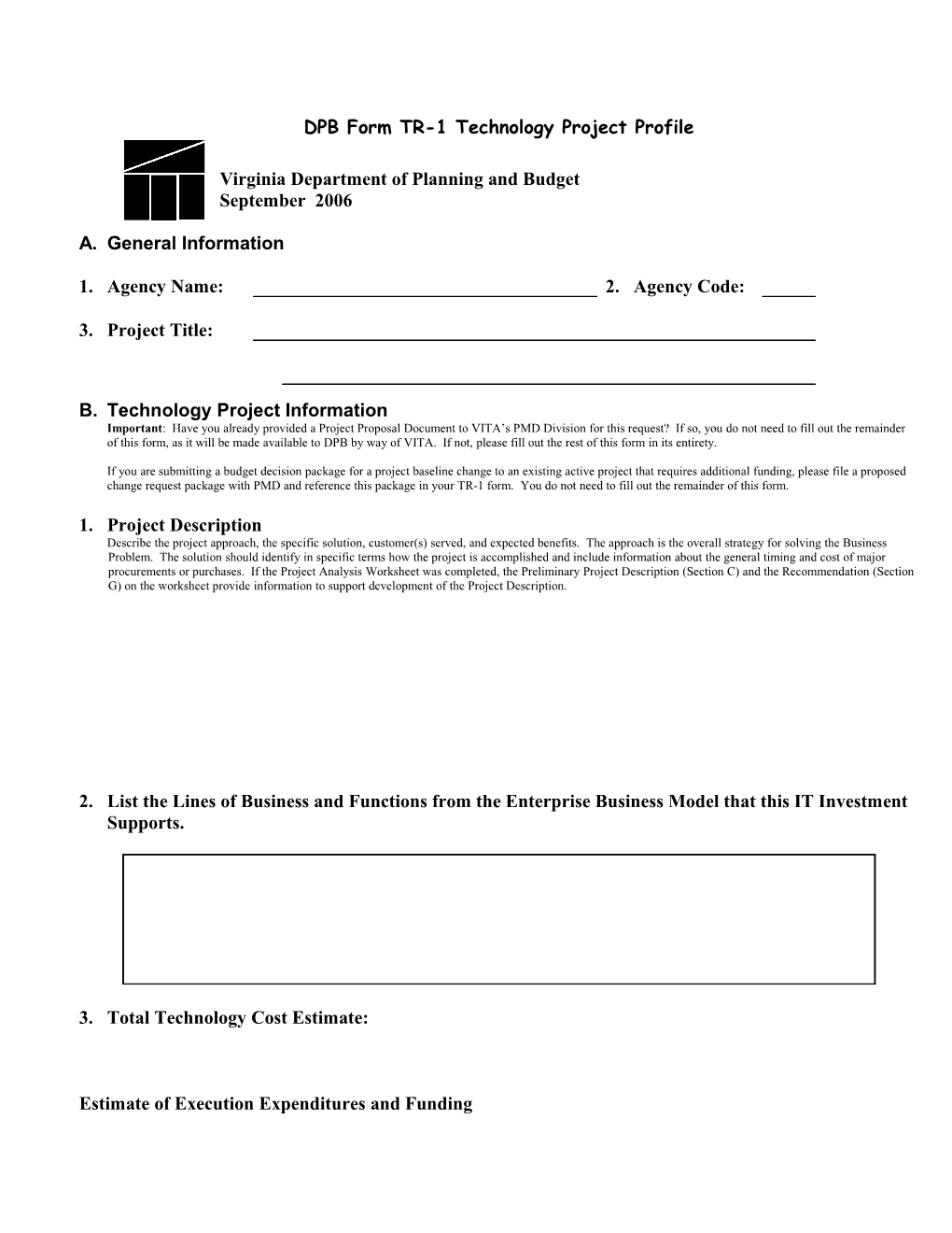 DPB Form TR-1 Technology Project Profile