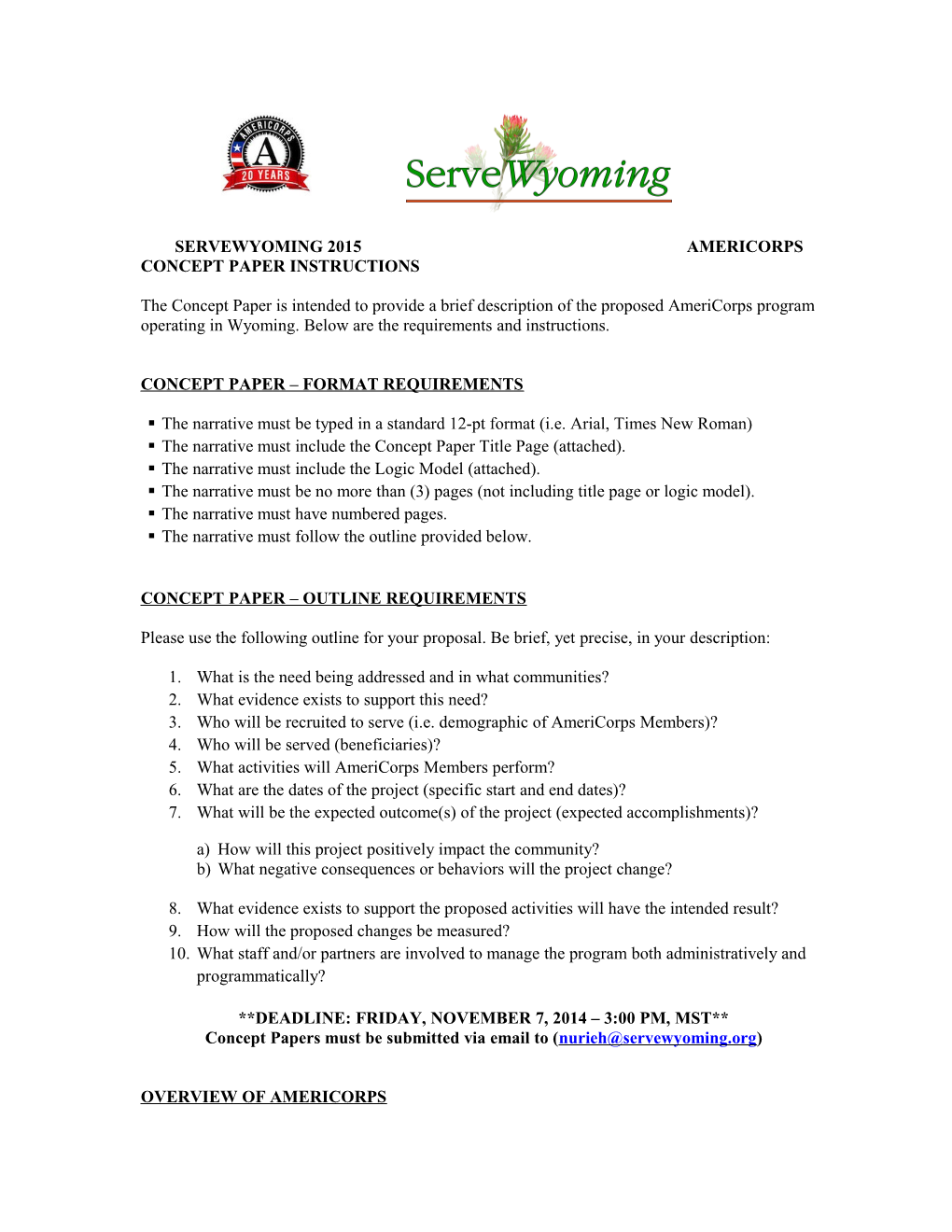 Servewyoming 2015 Americorps Concept Paper Instructions