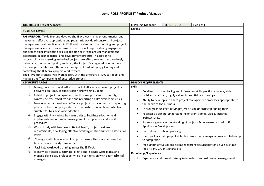 Bpha ROLE PROFILE IT Project Manager