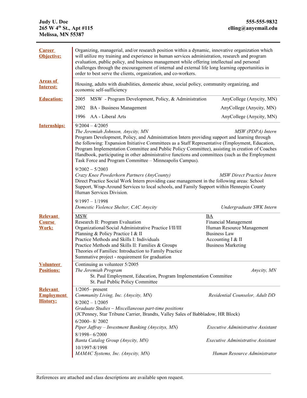 Judy U. Doe Example Resume Social Service Network