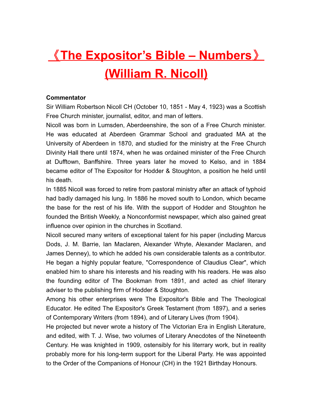The Expositor S Bible Numbers (William R. Nicoll)