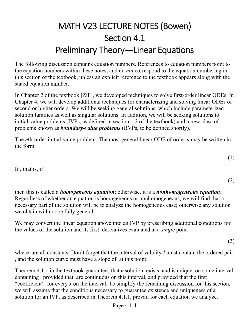 MATH V23 LECTURE NOTES (Bowen) Section4.1 Preliminary Theory Linear Equations