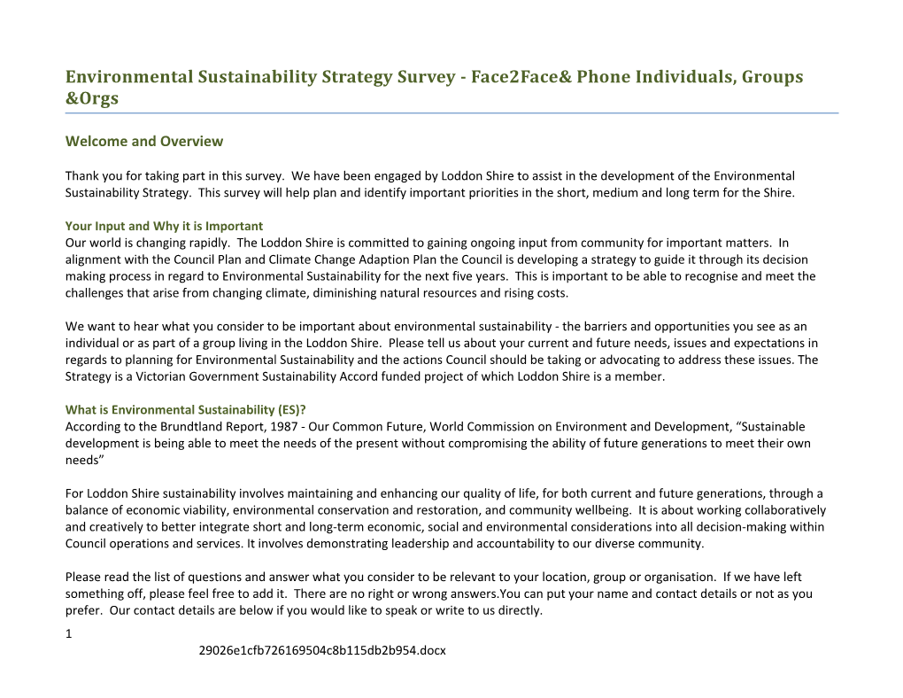 Environmental Sustainability Strategy Survey - Face2face Phone Individuals, Groups Orgs