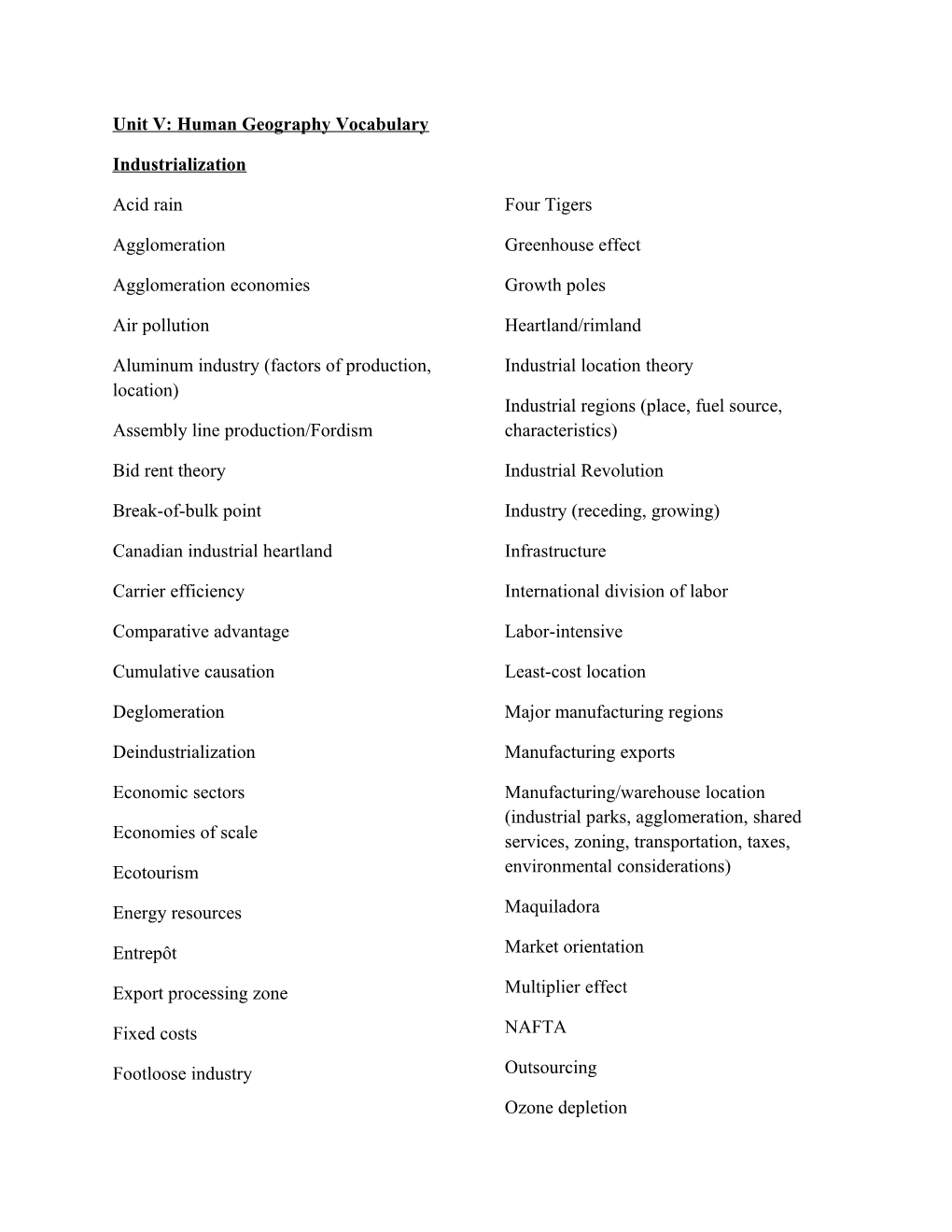 Unit V: Human Geography Vocabulary