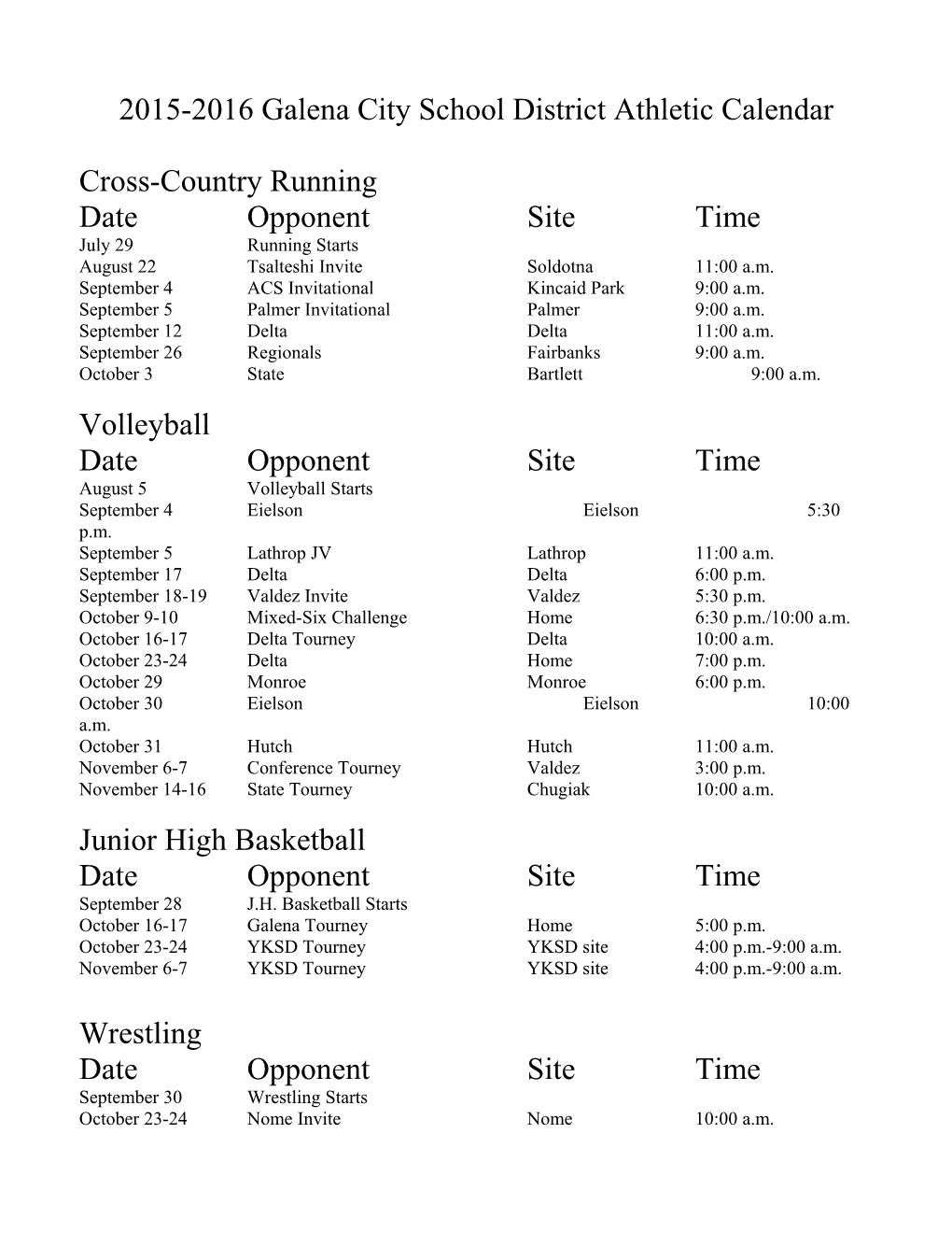 2004-2005 Galena City School District Athletic Calendar