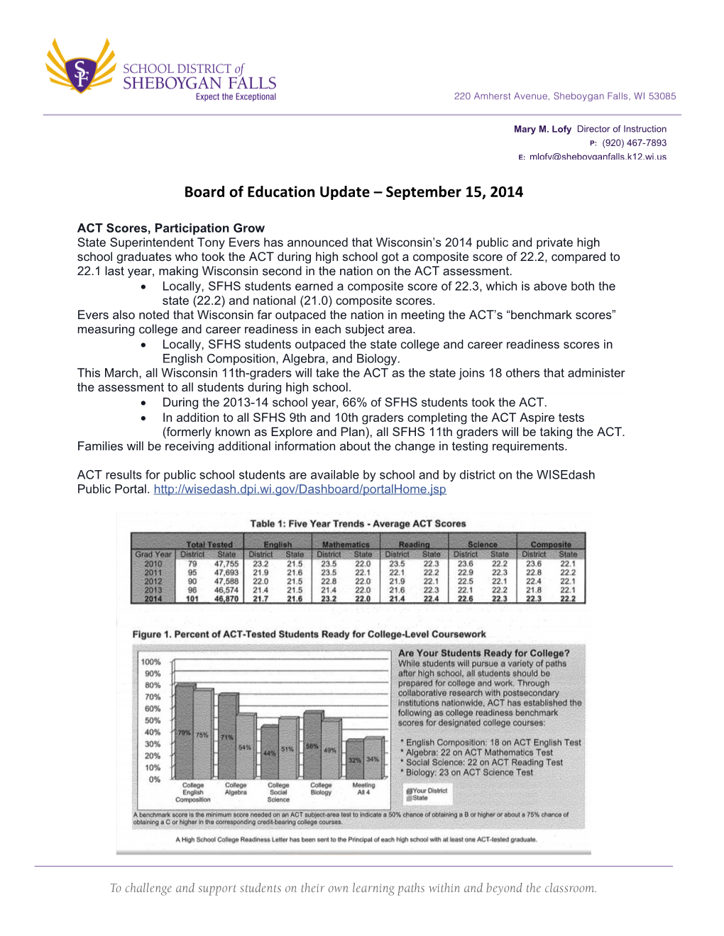 Board of Education Update September 15, 2014