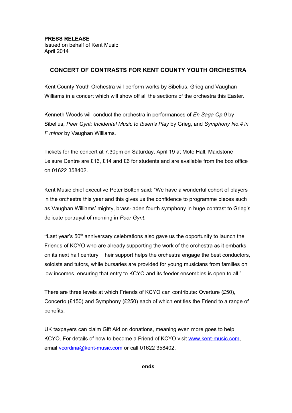 Concert of Contrasts for Kent County Youth Orchestra