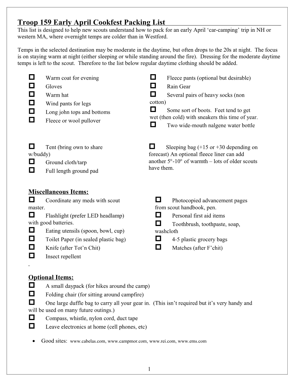 Troop 159 Winter Trek 2006 Clothing Packing Guide