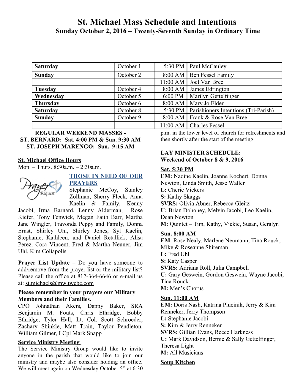 Scheduled Masses and Intentions s3