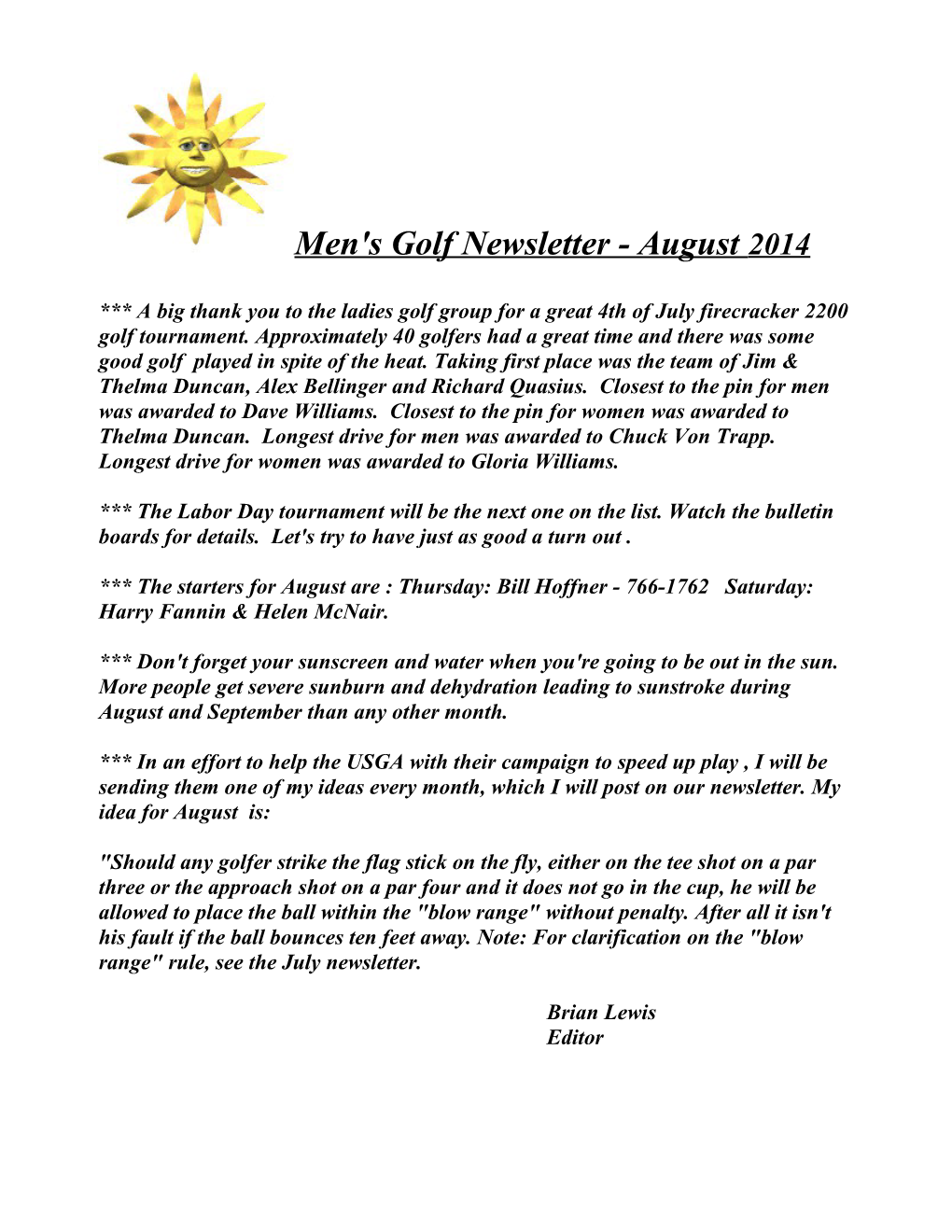 Men's Golf Newsletter - August 2014