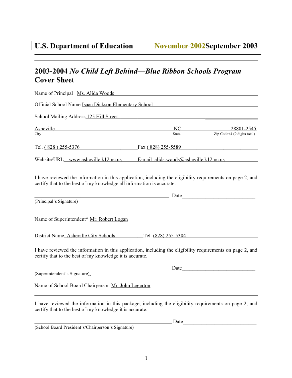 Isaac Dickson Elementary School 2004 No Child Left Behind-Blue Ribbon School Application