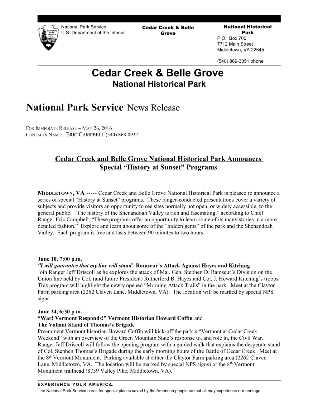 National Park Service News Release s1