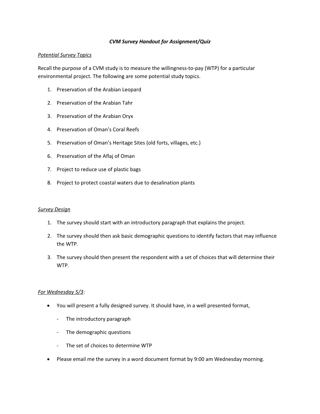 CVM Survey Handout for Assignment /Quiz