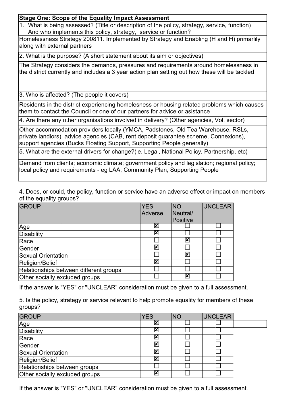 Part 1 of the Equality Impact Assessment