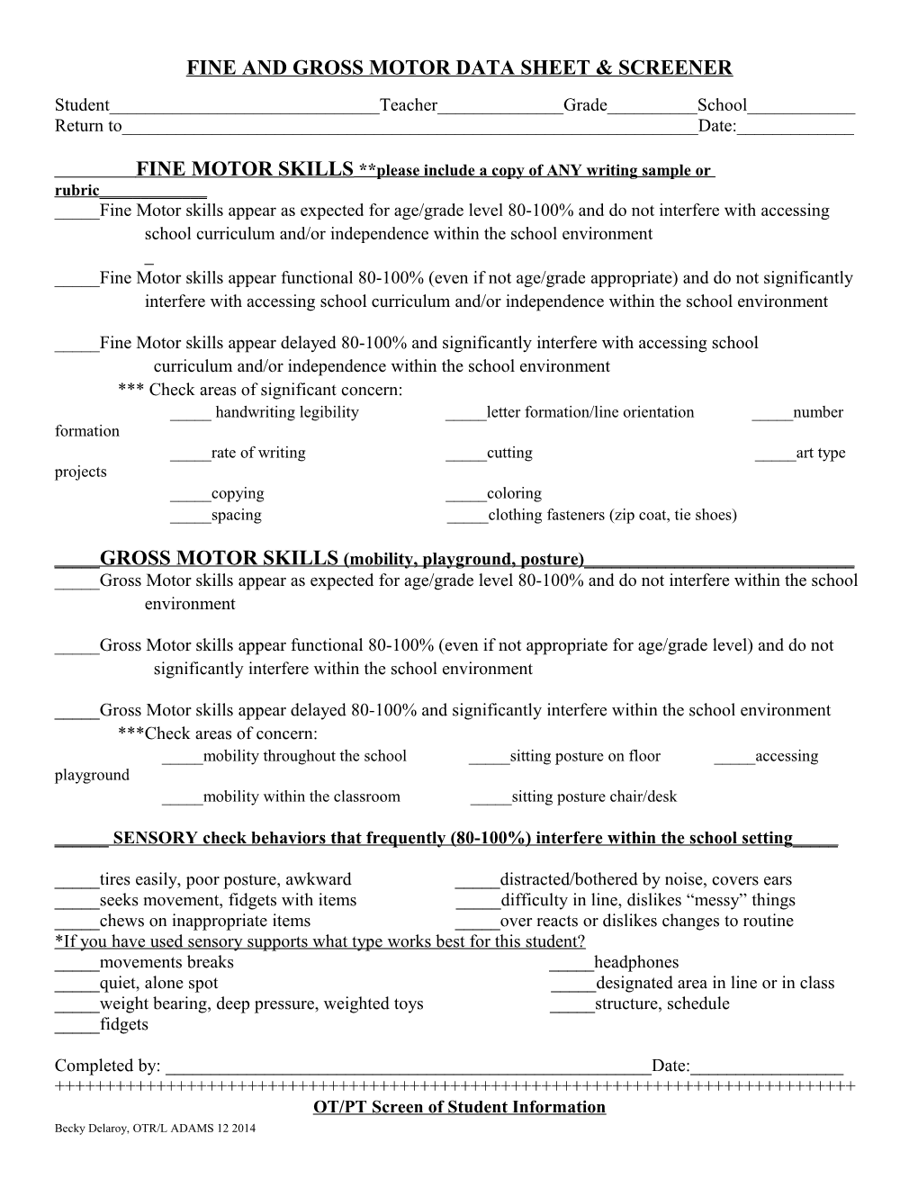 Fine and Gross Motor Data Sheet & Screener