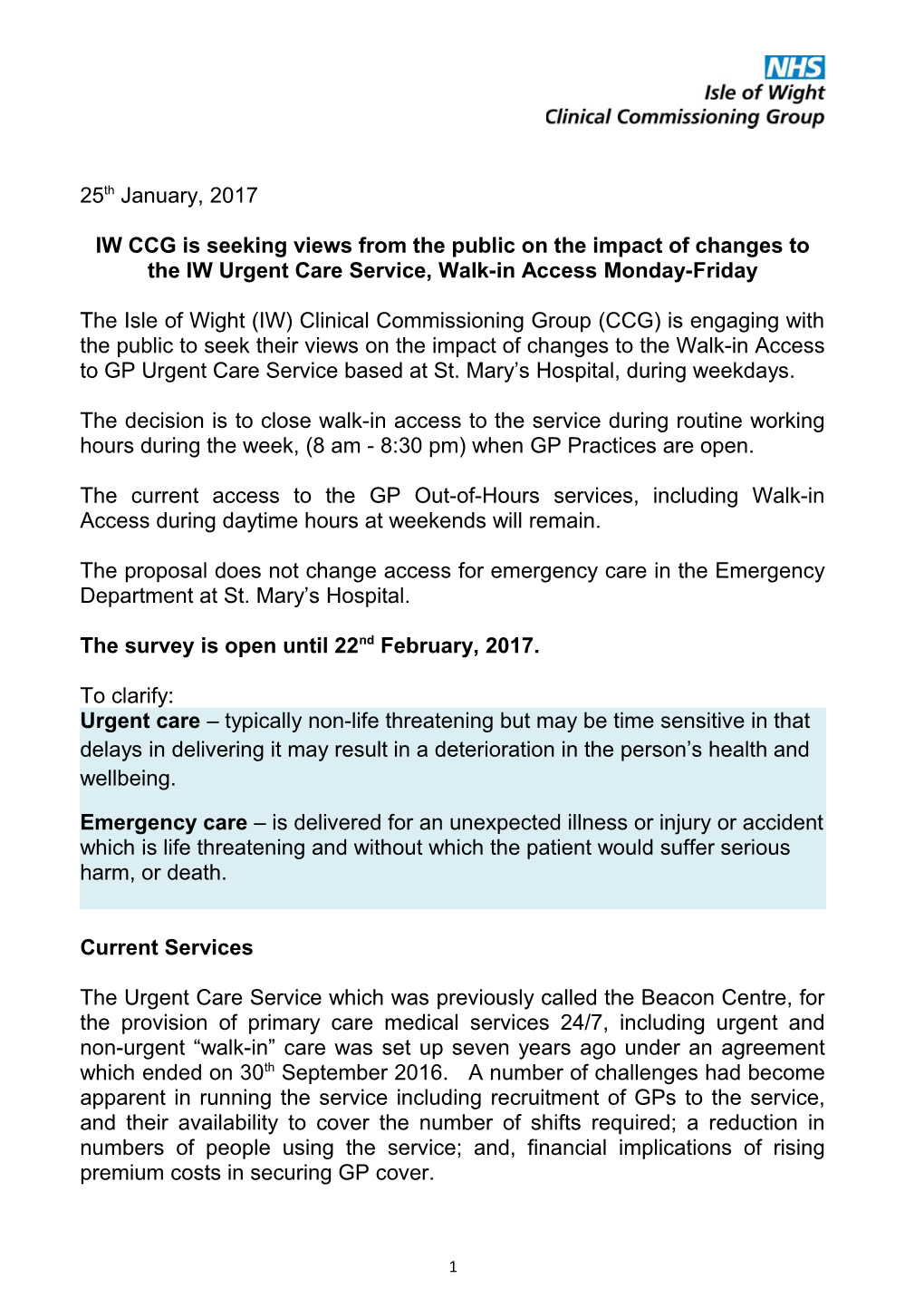 IW CCG Is Seeking Views from the Public on Theimpact of Changes Tothe IW Urgent Care Service