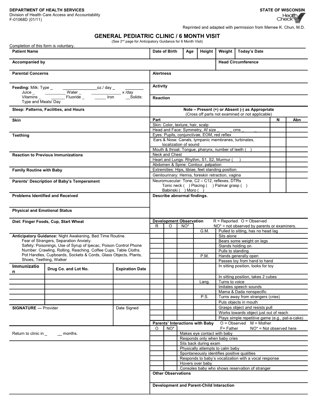 Healthcheck General Pediatric Clinic / 6 Month Visit