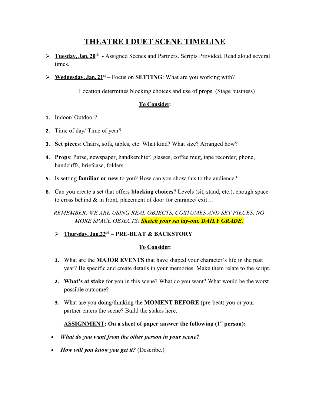 Theatre I Duet Scene Timeline