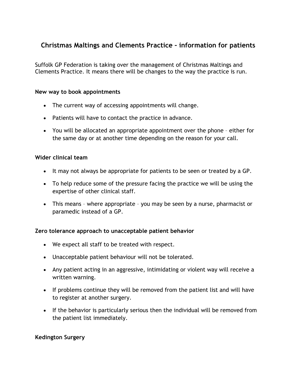 Christmas Maltings and Clements Practice Information for Patients