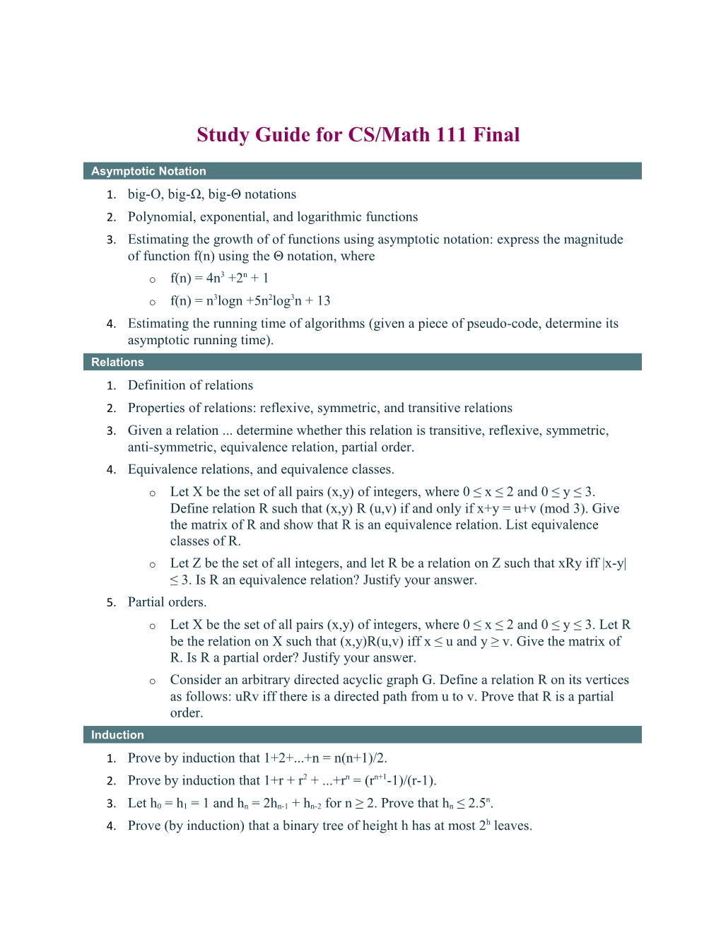 Study Guide for CS/Math 111 Final