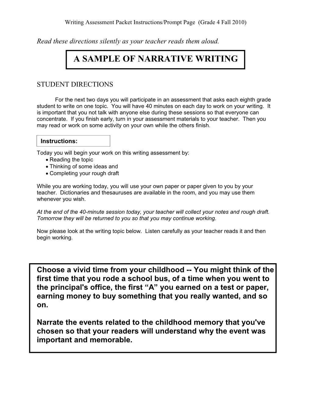 Writing Assessment Packet Instructions/Prompt Page (Grade 4 Fall 2010)