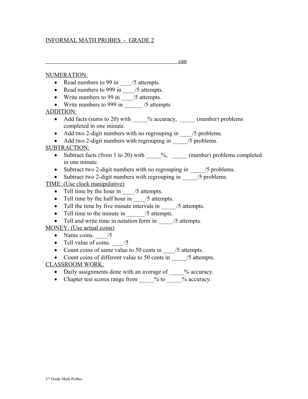 Informal Math Probes - Grade 2