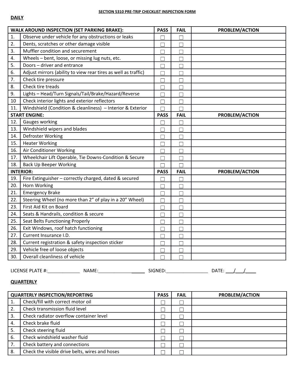 Section 5310 Pre-Trip Checklist Inspection Form