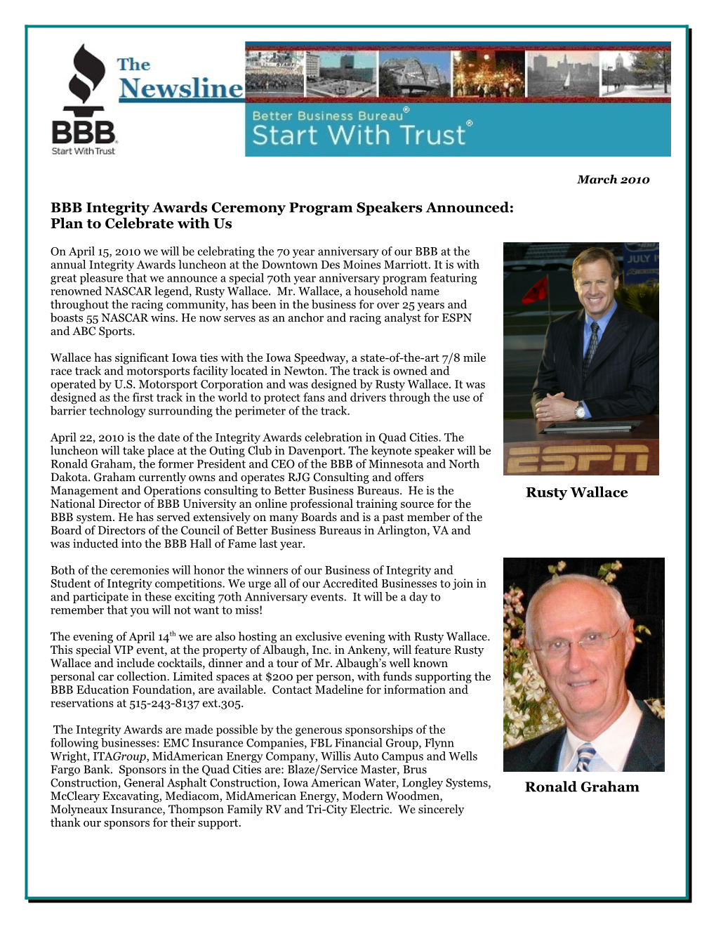 BBB Integrity Awards Ceremony Program Speakers Announced: Plan to Celebrate with Us