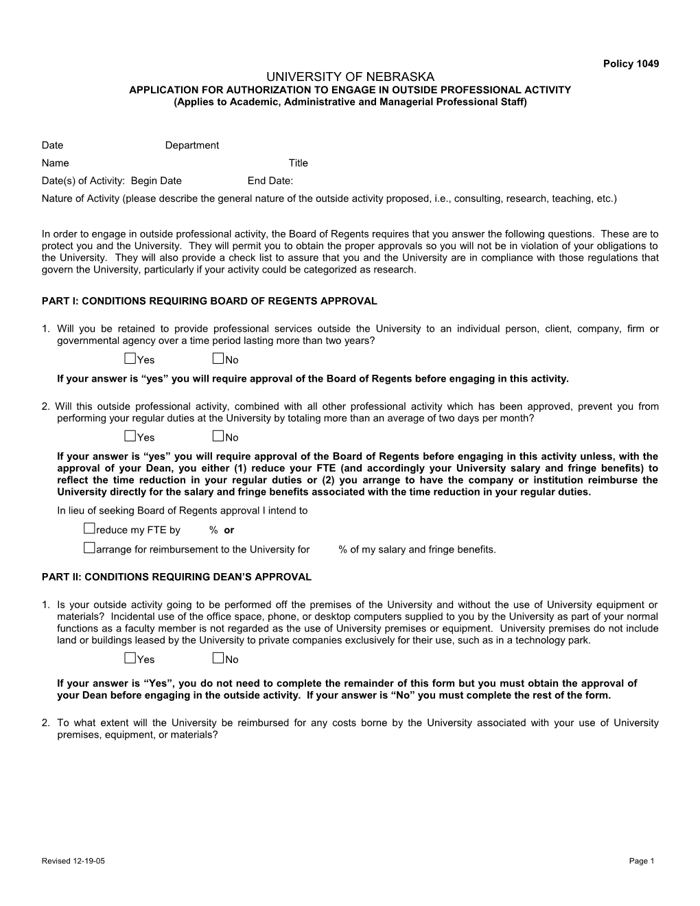 Outside Activity Revised Form 12-19-05