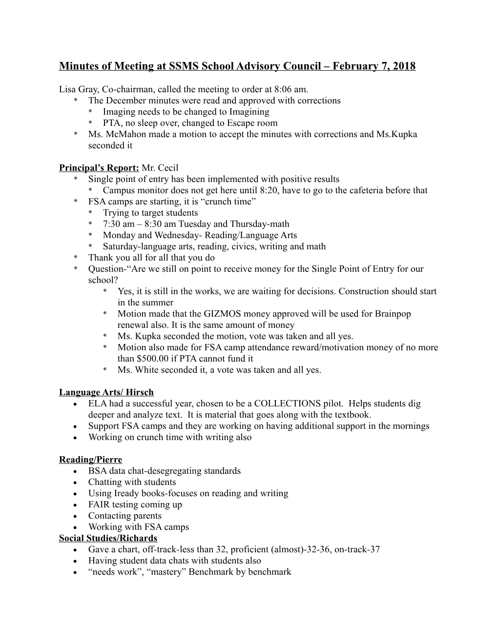 Minutes of Meeting at SSMS School Advisory Council February 7, 2018