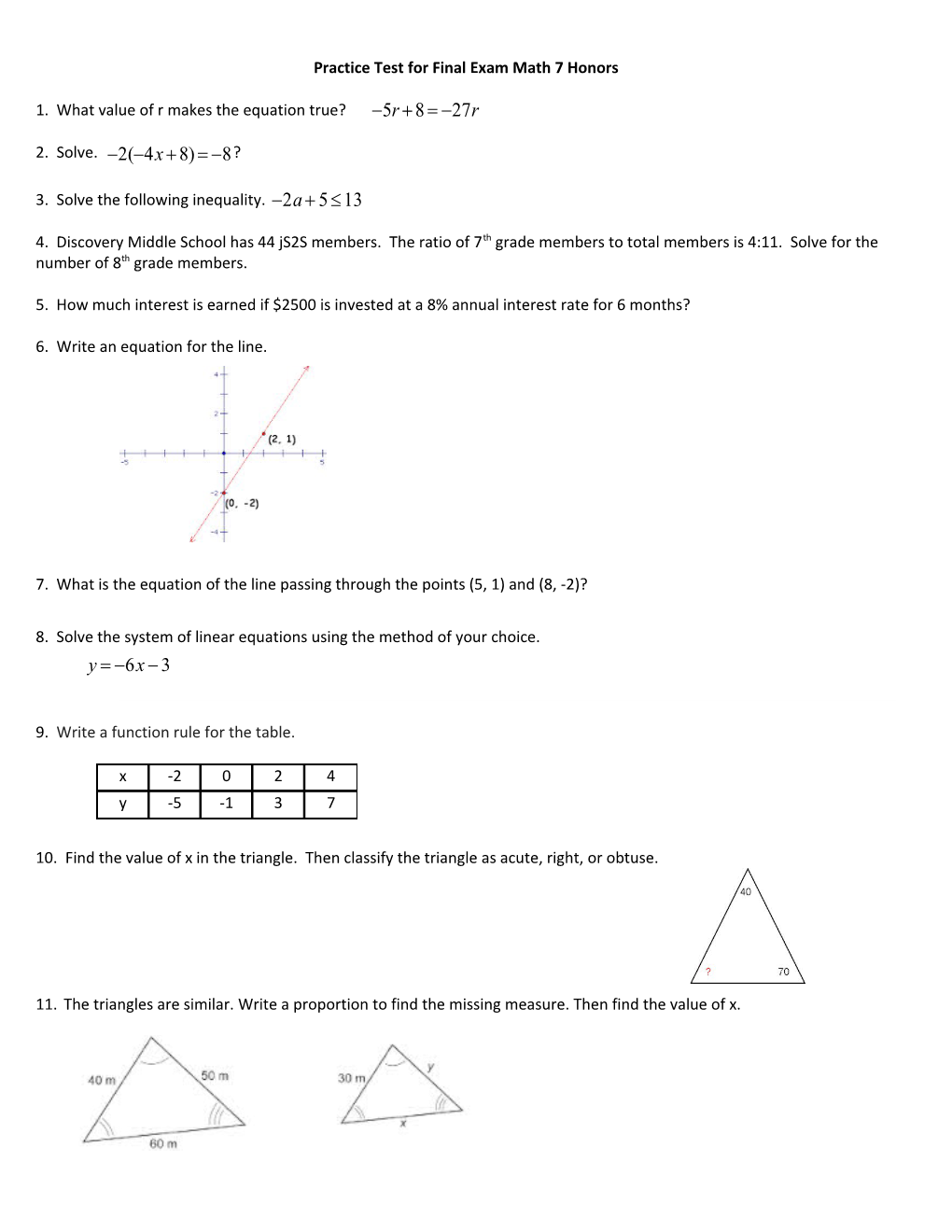 Practice Test for Final Exam Math 7 Honors